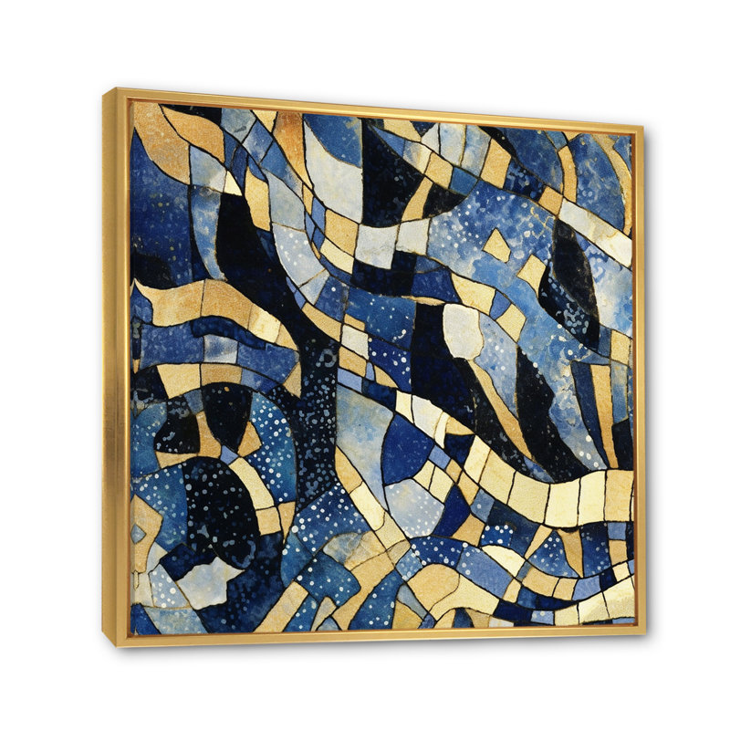 "Motif abstrait avec textures bleues et dorées", impression encadrée sur toile, Cadre flottant doré