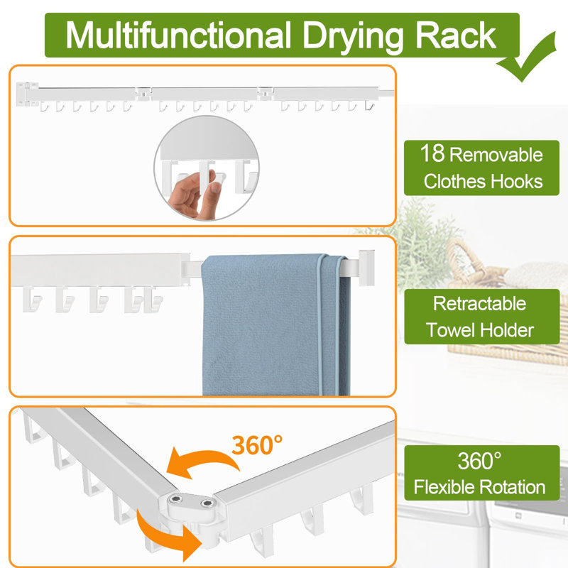 3-Fold Wall Mount Clothes Drying Rack, Drill & No Drill Two Installation Options, White