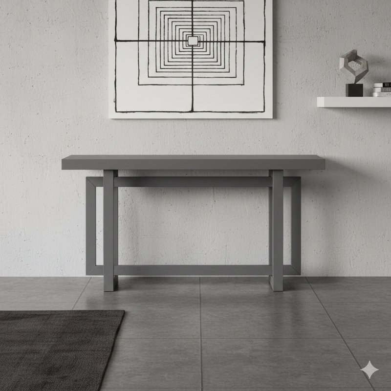 Table d'entrée de 59,1 pouces peinte avec placage de pin, présentant un design triple rectangulaire unique et des pieds en bois de pin épais. Une table de canapé très longue et polyvalente pour les couloirs, les salons et les cuisines.