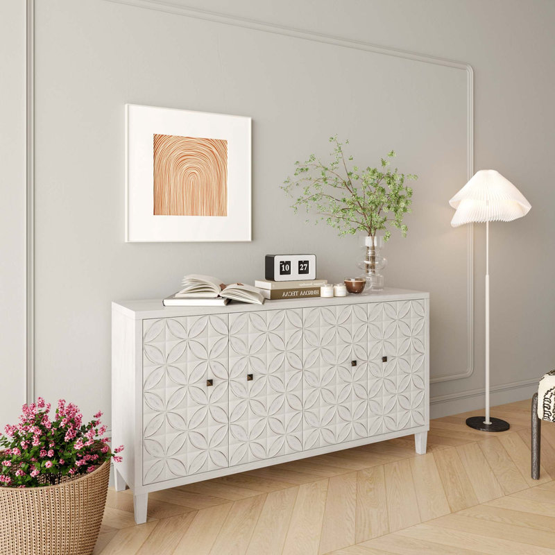 Accent Cabinet 4 Door Wooden Cabinet, White Washed