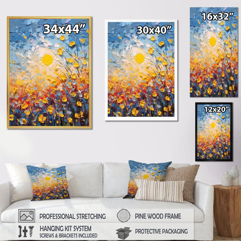 Champ de fleurs d'été de coquelicots et boutons d'or sur toile, H 32 po x l 24 po, Toile tendue