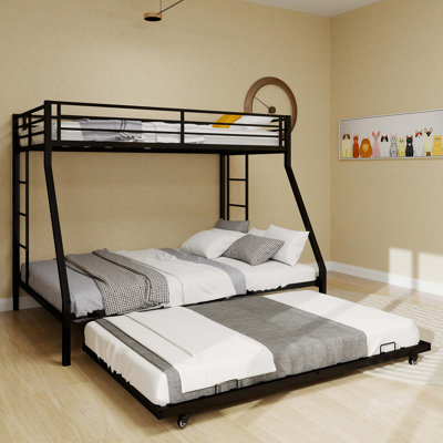 High - Stability Square Tube Bunk Bed, Featuring Ladder & Rolling Trundle, Modern Minimalist Look, Strong Load - Bearing for Home, Dormitory & Guest Room Needs-Queen Size