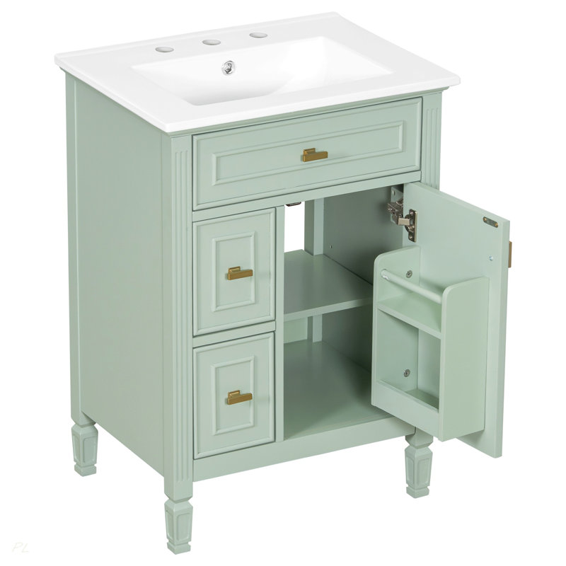 Meuble-lavabo de 24 pouces avec lavabo, armoire en bois massif et panneau de fibres à densité moyenne avec un tiroir rabattable, deux tiroirs standard et une tablette réglable, meuble-lavabo vert autoportant pour le rangement de la salle de bain