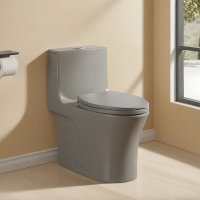 Toilette allongée une pièce à double chasse 1,1 / 1,6 GPF avec siège confort ADA de 17,32 po de hauteur, surface vitrée en céramique (siège à fermeture en douceur incluse), gris