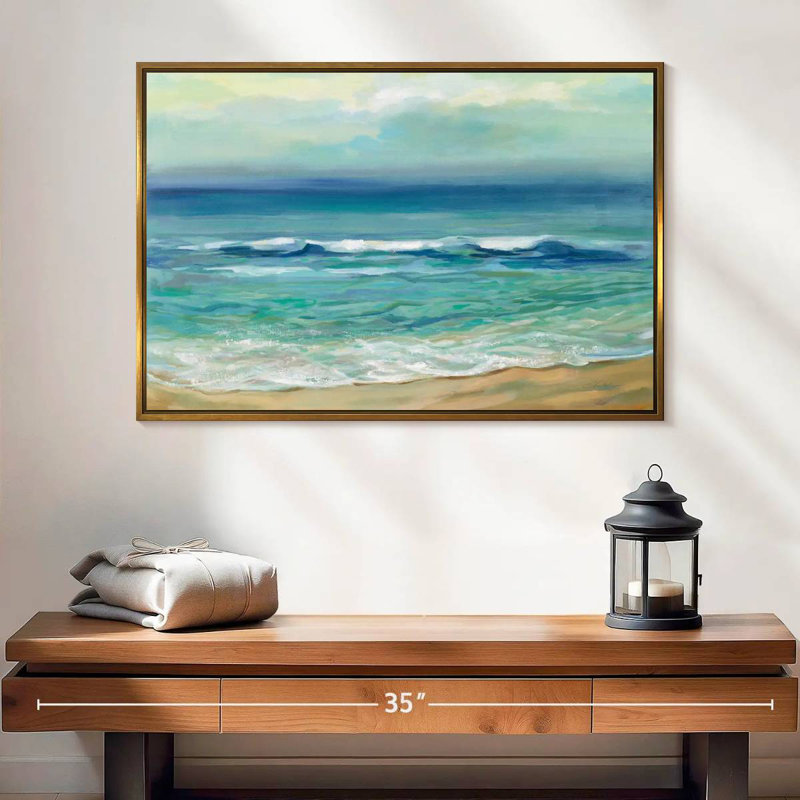 Lever de soleil au bord de la mer serein, 25 po x 17 po, Cadre flottant doré