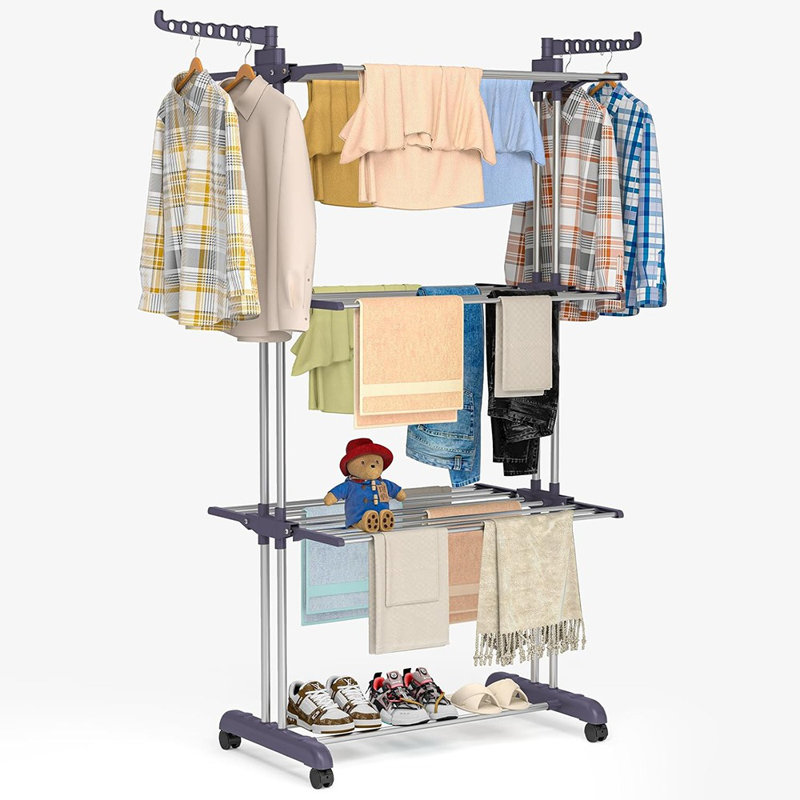 Séchoir à vêtements, finition grise, support à linge pliable à 4 niveaux en acier inoxydable avec deux ailes latérales, portemanteau portatif intérieur et extérieur, style fonctionnel moderne