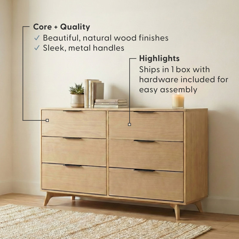 6 Drawer 59.5" W Solid Wood Dresser, Blonde