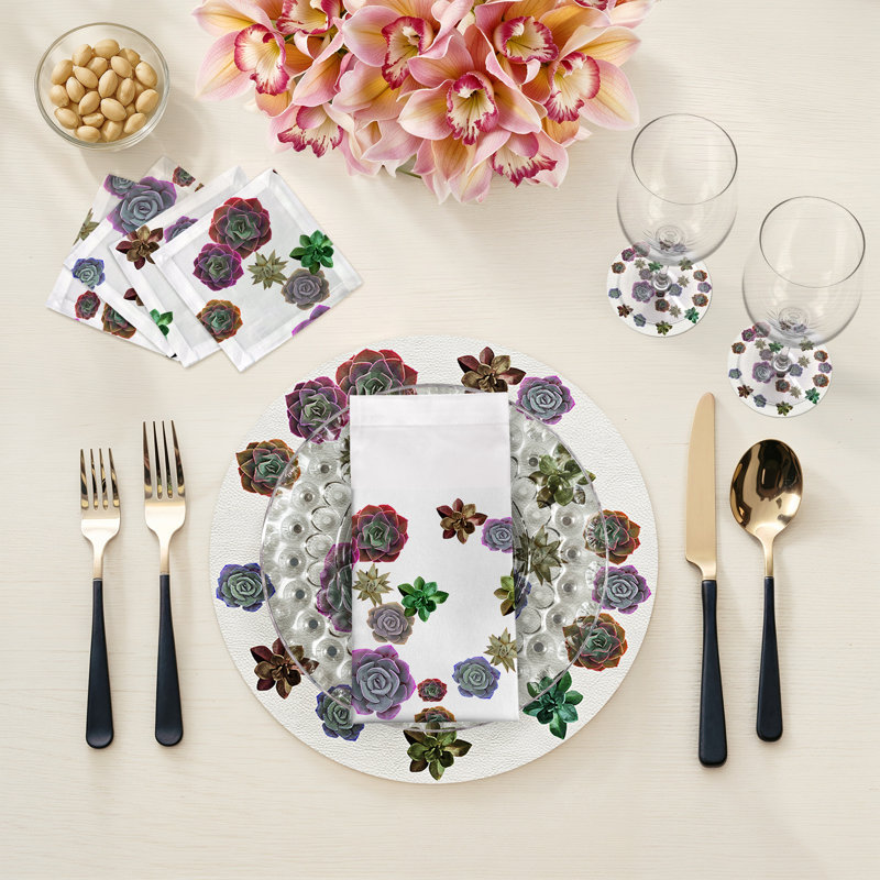 Succulents Floating Vegan Leather Round Pebble Placemat, Pastel