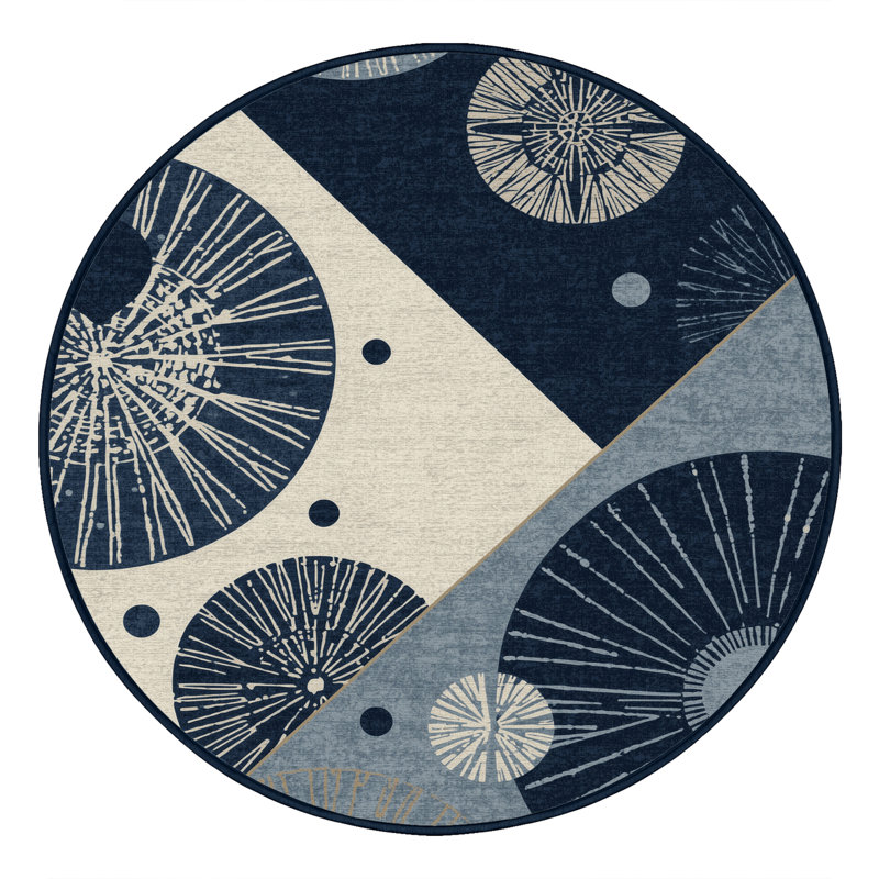 Soft Plush Adlai Global Inspired Block Print Area Rug in Gray – Navy Binding, 5' Round