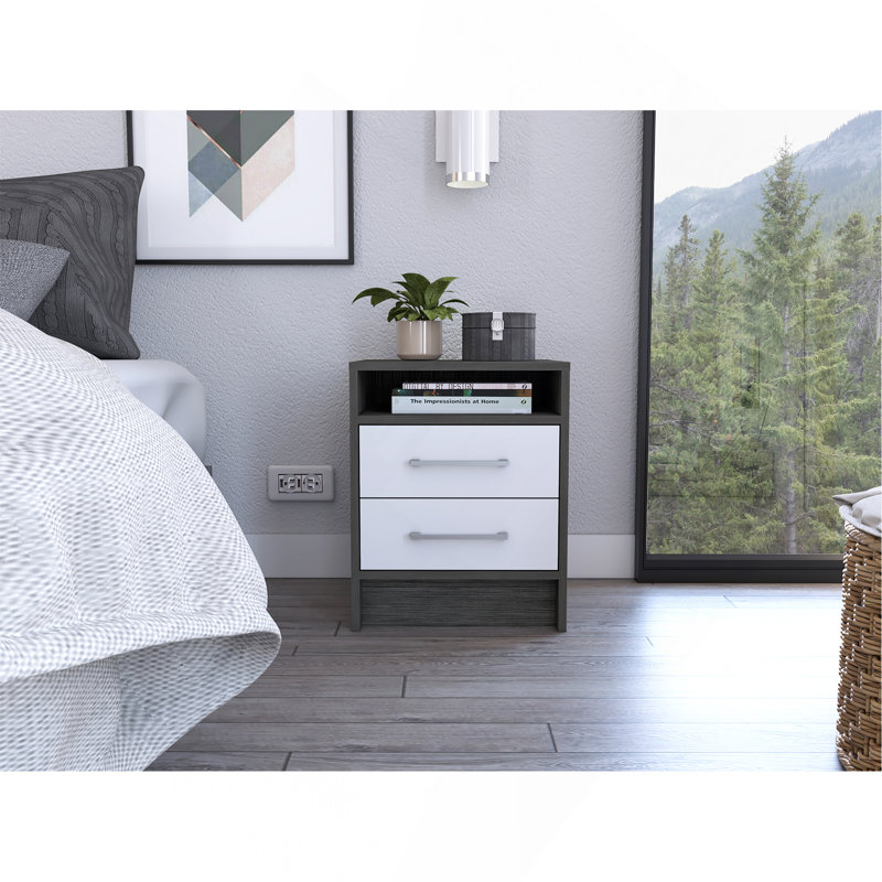 Table de chevet rectangulaire à 2 tiroirs Smokey, Gris