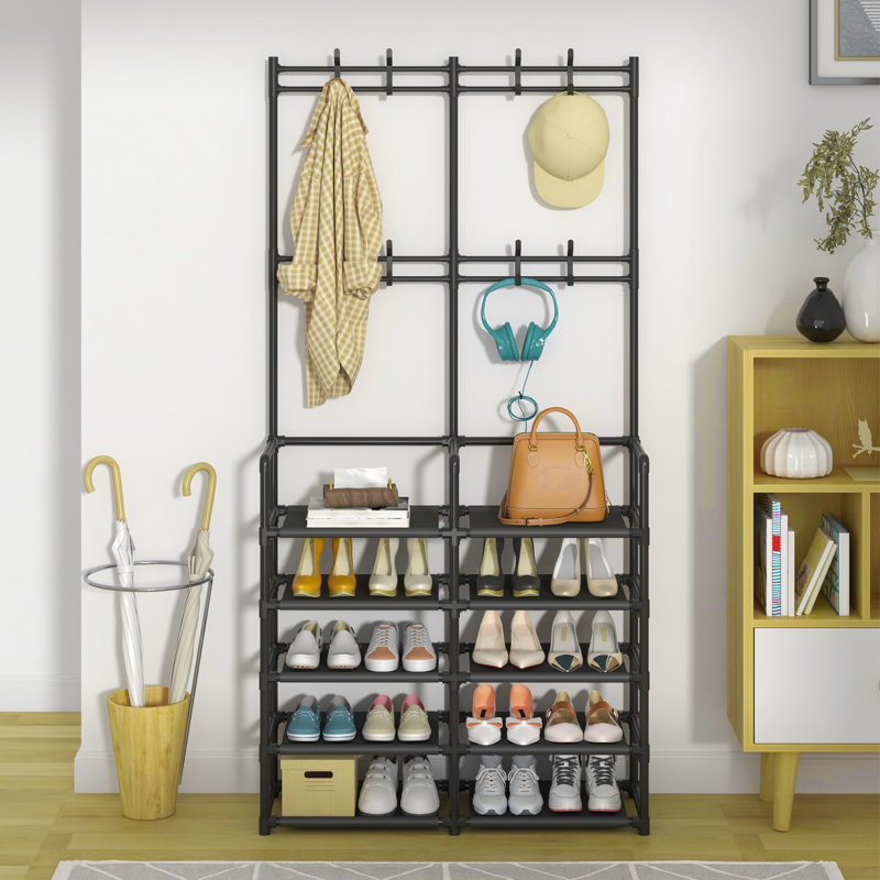 5 - Tier Entryway Coat and Shoe Rack Bench with 8 Hooks, Black