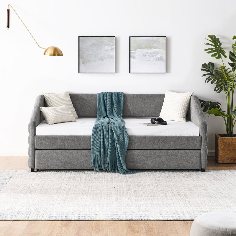 Lit de jour simple avec lit gigogne et structure de lit tapissier en lin gris, Gris
