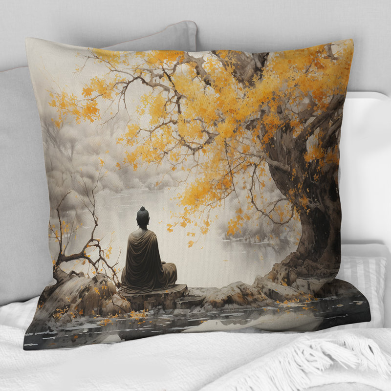 Coussin décoratif imprimé bouddhisme gris et jaune