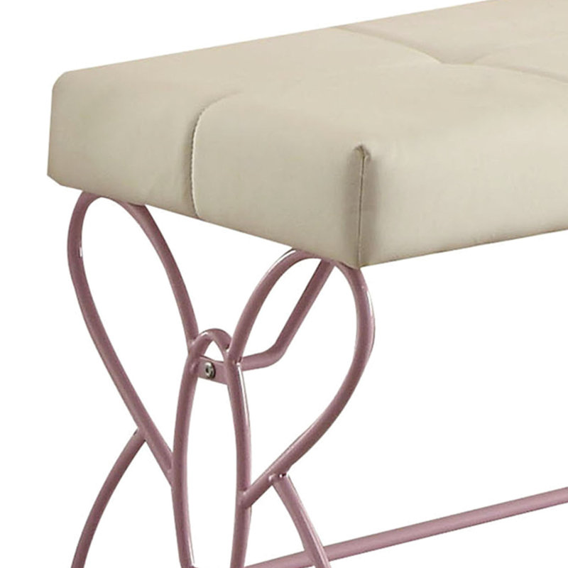 Banc rectangulaire sans accoudoirs avec coussin rembourré en similicuir blanc et rose
