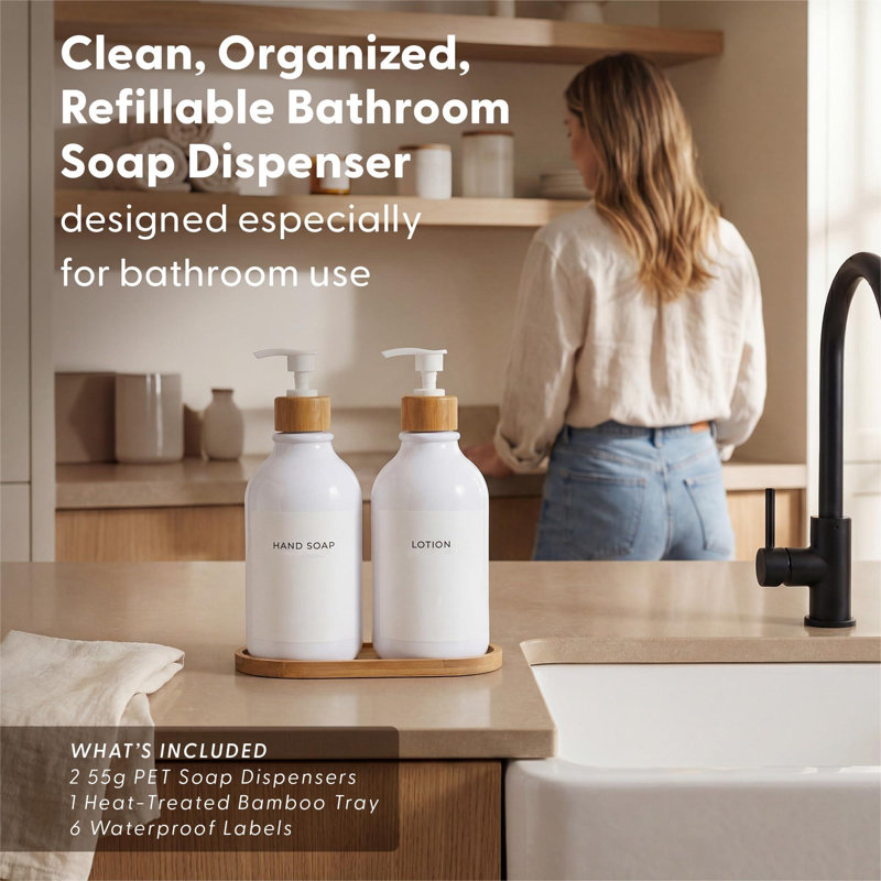 Ensemble de distributeur de savon pour salle de bain de 2 à 16,9 oz - Ensemble de 2 bouteilles en plastique blanc avec pompes et plateau en bambou blanc
