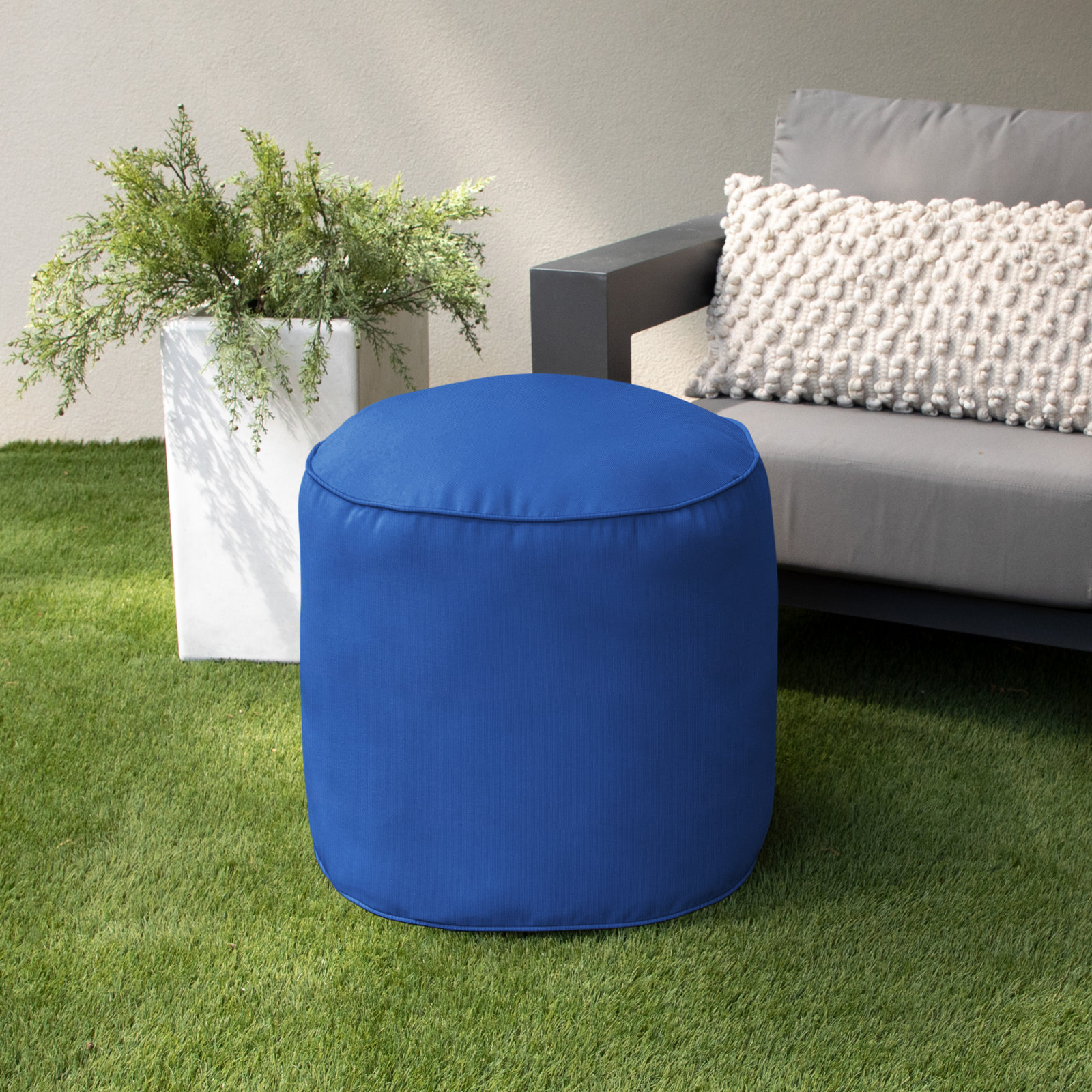 Demi Round Upholstered Outdoor Ottoman with Sunbrella® Cushion, Canvas Trueblue Sunbrella® Canvas