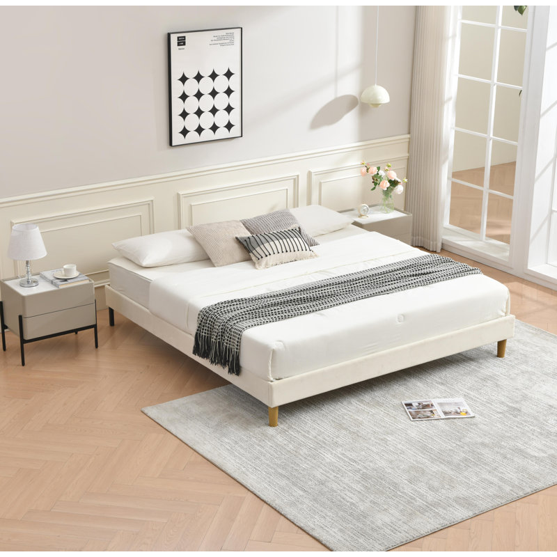 Lit plateforme en tissu d'ameublement, Crème, Très grand