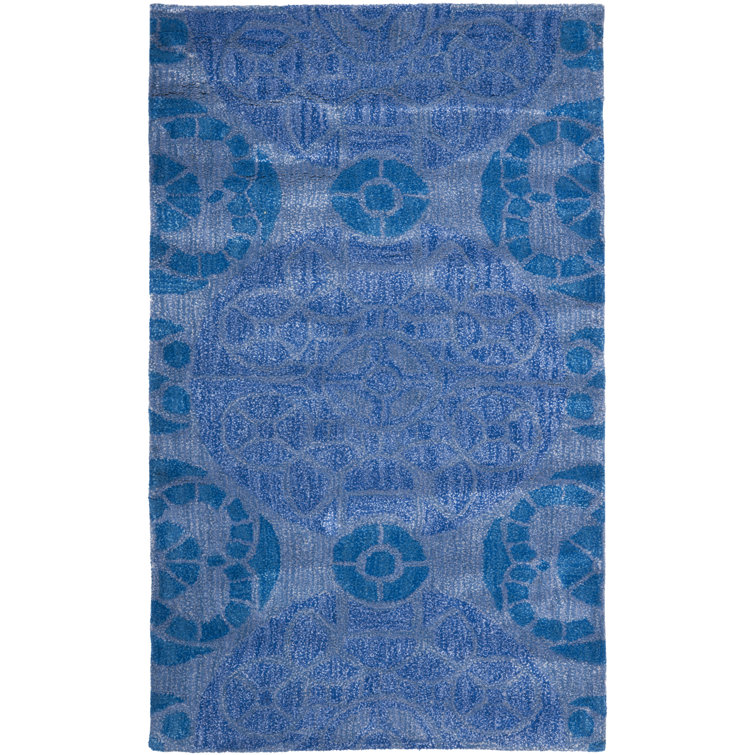 Kouerga Hand Tufted Wool/Viscose Damask Rug in Blue