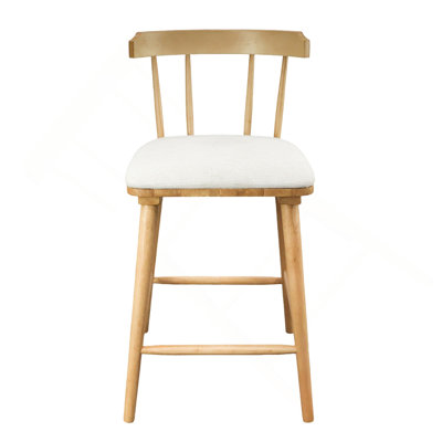 Indoor Wooden Upholstered Counter Stool, Natural Finish with Beige Upholstery, Windsor Style