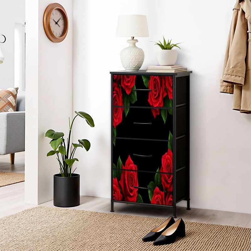 Commode pour commode de chambre à coucher pour garde-robe de chambre à coucher avec belles roses rouges sans couture et commodes de rangement en tissu avec 4 tiroirs
