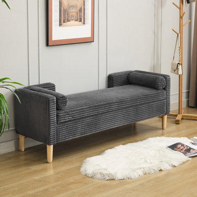 Banc de rangement rembourré en velours côtelé de 65,35 po de largeur avec 2 traversins et pieds en bois d'hévéa, pour le salon de la chambre à coucher, gris anthracite, vestibule