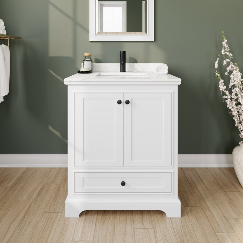 Ensemble de meuble-lavabo simple 30 "avec miroir Deborah, Marbre de culture de Carrare, Blanc, Noir mat