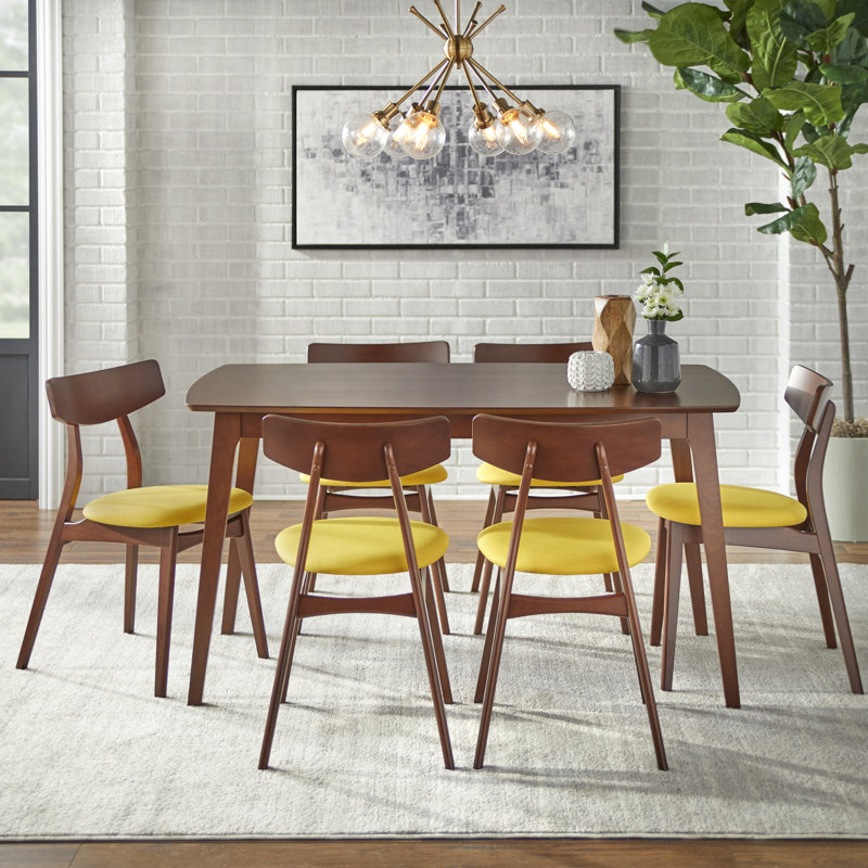 Ensemble de salle à manger Brunehilde, Noyer / jaune, 7 pièces : table, 6 chaises