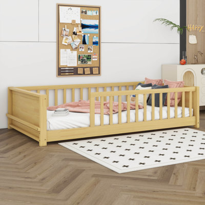Floor Bed with Safety Fence, Low Profile Platform Bed with Built-in Book Rack  Guardrails