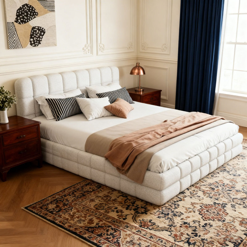 Grand lit plateforme tapissier Berber, Blanc