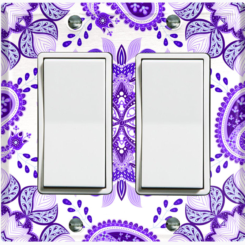 Plaque murale à interrupteur à bascule mauve et blanc à motif de fleurs mandala 2 bandes, Mauve