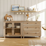TV Stand For 75 Inch TV , Wood TV Cabinet Entertainment Center Television Stands For Living Room, 2-In-1 Sideboard Buffet Cabinet With Glass Door & Drawer For Kitchen