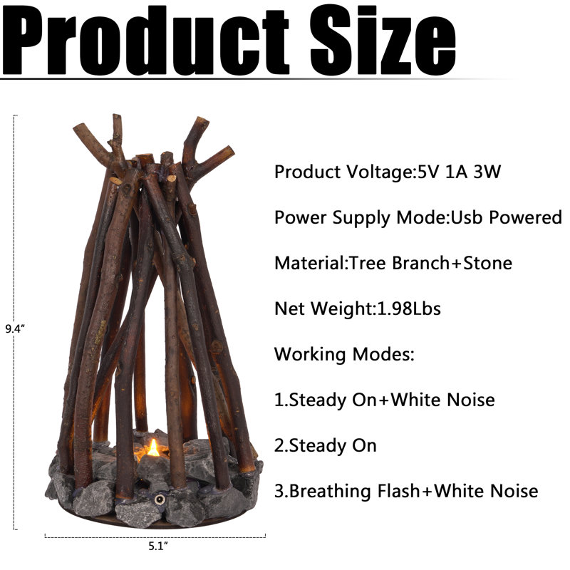 Rustic Branch Fire Pit Lamp Natural Branches And Stone Accents Touch Switch Batteries Included Usb-Powered