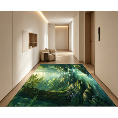 Tapis à motif de cascade Lush Greenery Sunlight Forest Waterfall, motif de paysage naturel vif et boisé, tapis de sol antidérapant durable, doux et lavable à la machine, décoration intérieure artistique élégante pour le salon, la chambre à coucher, un appartement, un bureau