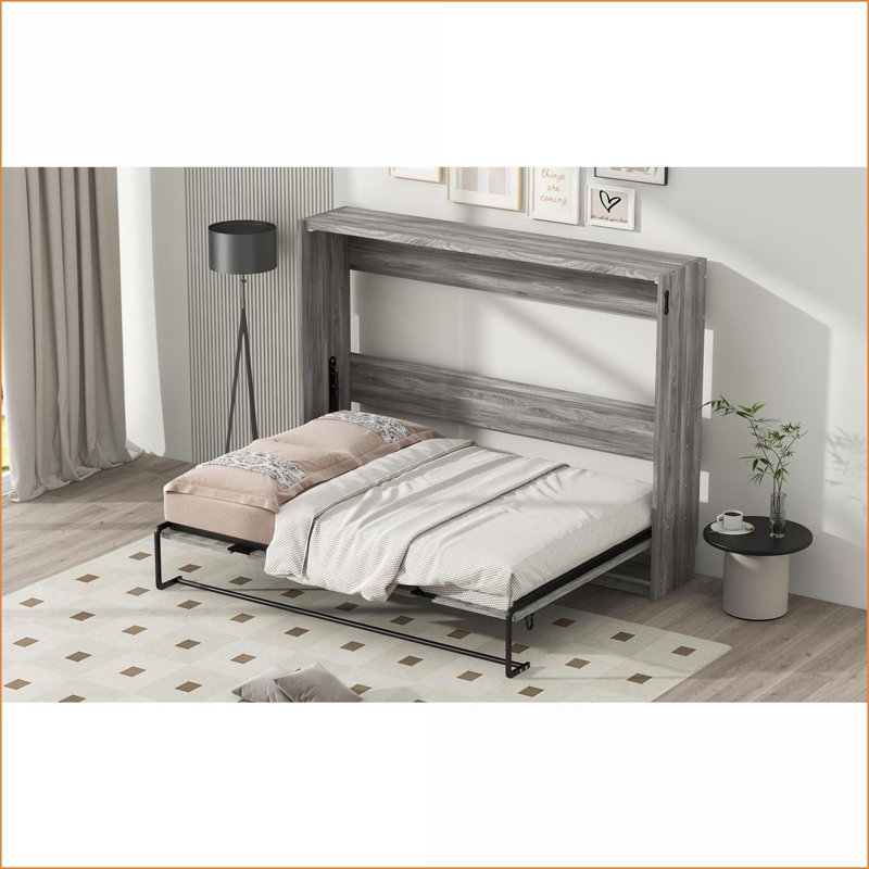 Pleine grandeur en métal Armoire-lit escamotable en panneau de fibres à densité moyenne, sans sommier, capacité de 800 lb, gris pour les petits espaces