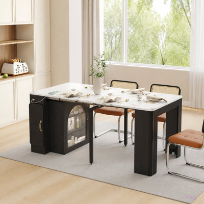 Table de salle à manger extensible avec 3 rallonges amovibles, table d'îlot mobile avec prise de courant, armoire avec rangement pour la salle à manger et le salon