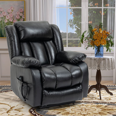 Annettia 36.22" W 180° Flat Lay Genuine Leather Match Power Recliner, Massage Heater Lifting Chair