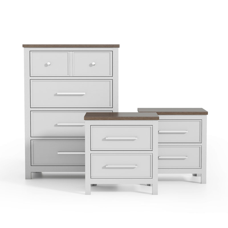 Lonegan 3-Piece Nightstands And Dresser Set, Blanc, Ensemble de trois pièces : deux tables de chevet
