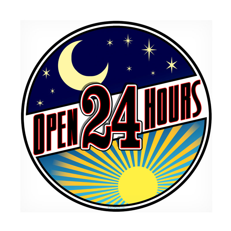 «Open 24 Hours» par RetroPlanet - reproduction d'art sur toile tendue, H 14 po x l 14 po x P 2 po