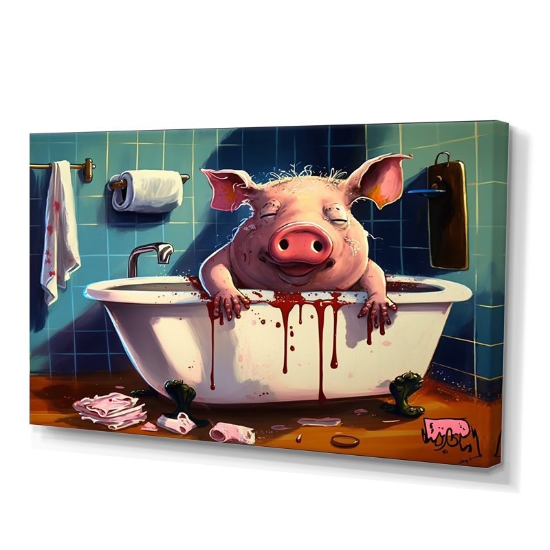 Joyeux cochon prenant un bain - animaux, art mural sur toile, H 16 po x l 32 po x P 1 po