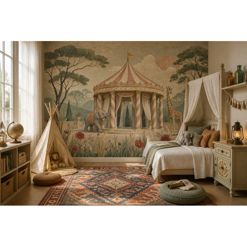 Papier peint animaux de style rétro avec motif de pavillon de cirque, 120 po x 96 po, Texturé non collé