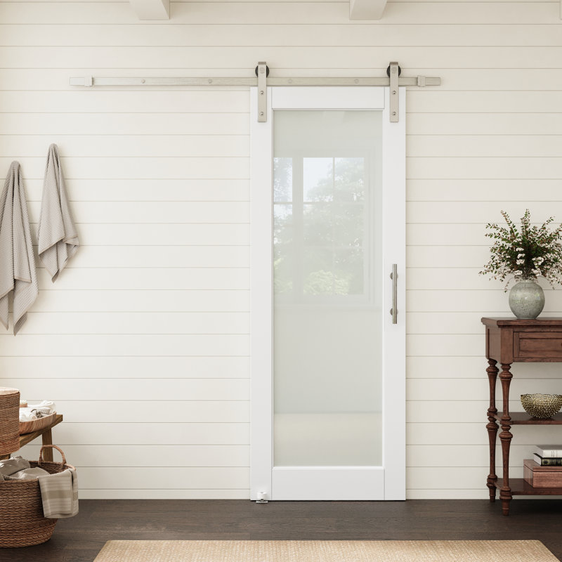Porte vitrée pleine hauteur 32 po x 80 po avec quincaillerie de porte de grange en nickel, idéale pour un garde-manger ou une chambre.