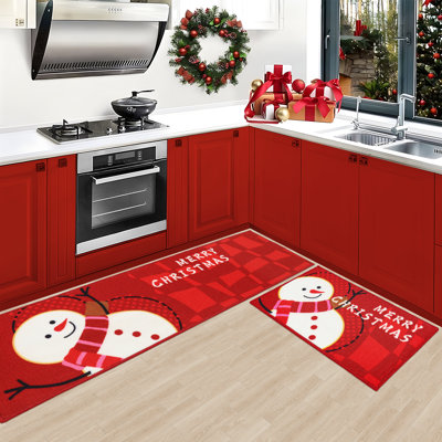 Tapis de cuisine de Noël rouges 2 pièces Tapis de cuisine antidérapant Merry Christmas Tapis de cuisine bonhomme de neige absorbant Tapis de Noël lavable Décoration de Noël pour la cuisine à domicile