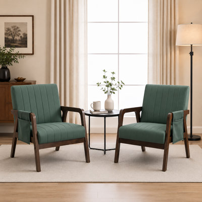 Chaise d'appoint de style Mid-Century moderne avec pochette de rangement latérale, chaise longue rembourrée en similicuir avec structure en bois massif, fauteuil de lecture pour le salon, la chambre à coucher (ensemble de 2)