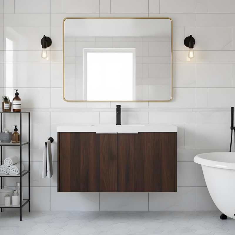 Meuble-lavabo à fermeture en douceur avec lavabo, Noyer de Californie, 35"