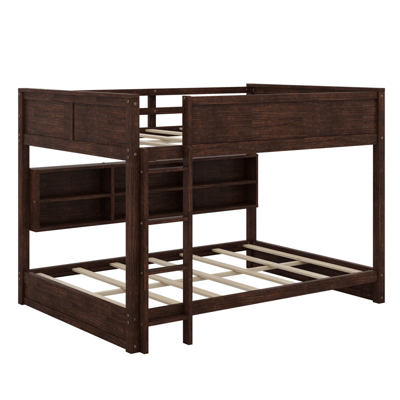 Queen Over Queen Bunk Bed With Cabinets,Charging Station,Ladder And Safety Guardrails, Brown