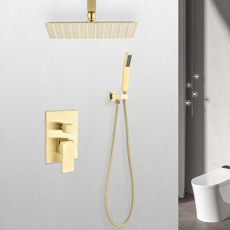 Ceiling Mounted Shower Of Gold Brass - Handheld And 12" Head For Natural Rainfall Satisfaction Easy Cleaning Element System With Emotion Effortless Characteristic