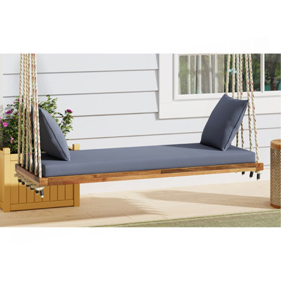 Balancelle de patio en bois, banc de balancelle avec coussin et coussins, cordes en chanvre de 10,8 pi pour le jardin, la cour, la pelouse, naturel
