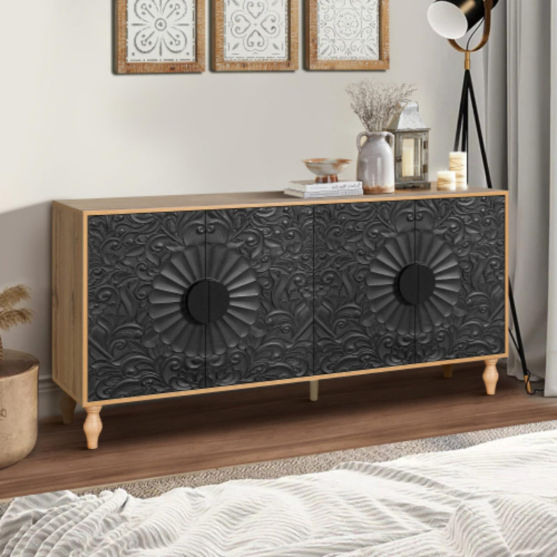 Meuble télé avec cadre en bois sculpté, Noir + Naturel