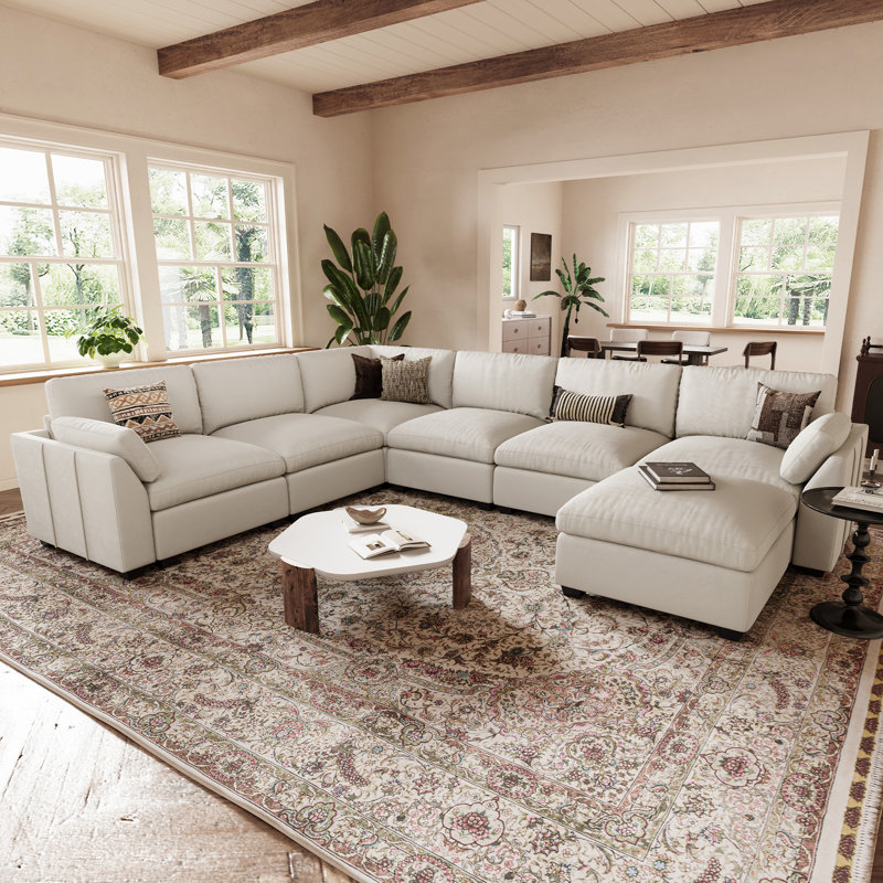 137.8" W U-Shaped Modular Sectional , Beige Velvet