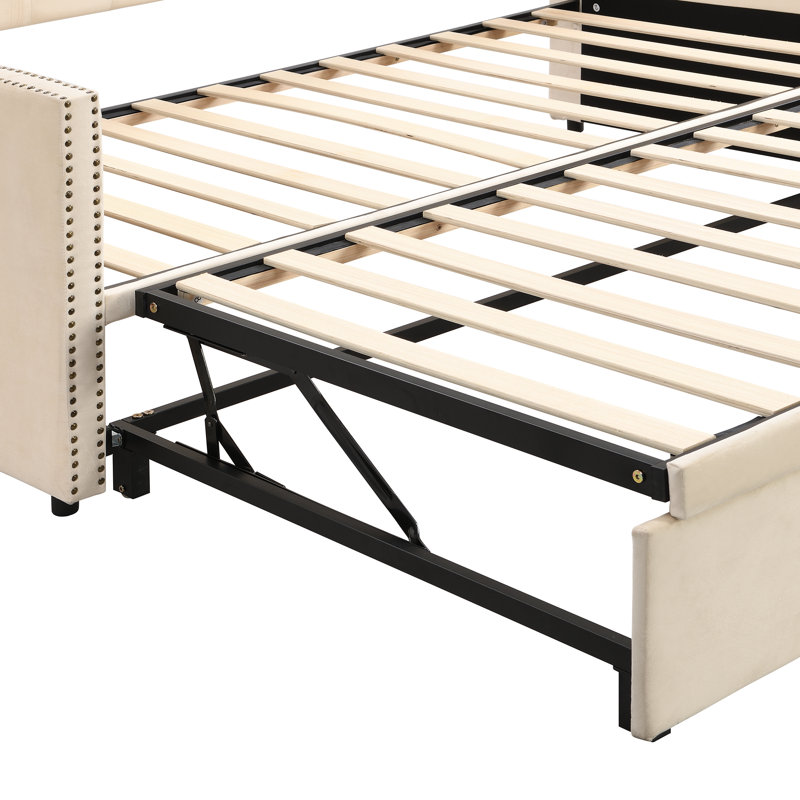 Beige Upholstered Twin Daybed With Pop Up Trundle King Expansion, Beige